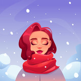 Woman in Snowfall. Winter Mood Concept. Girl in Winter Cloth. Falling Snowflakes. Hello Winter. Vector Illustration in Cartoon Style.
