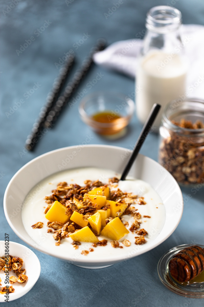 Homemade yogurt with granola and mango Homemade yogurt with granola and mango