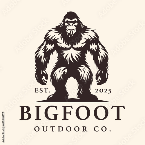 Bigfoot silhouette logo design. Sasquatch standing brand icon. Yeti symbol. Wood ape emblem. Mythical cryptid creature vector illustration.
