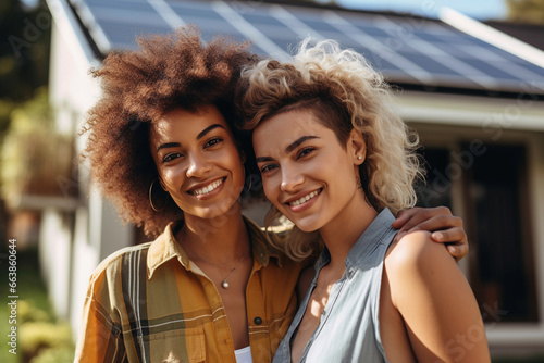 Happy Lesbian Couple Smiling in Front of Solar-Powered Home. Generative Ai.