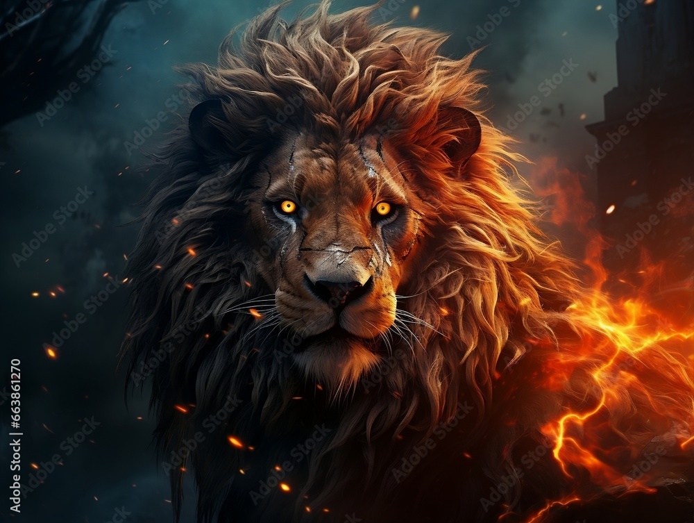 Fire lion art on abstract background generative ai