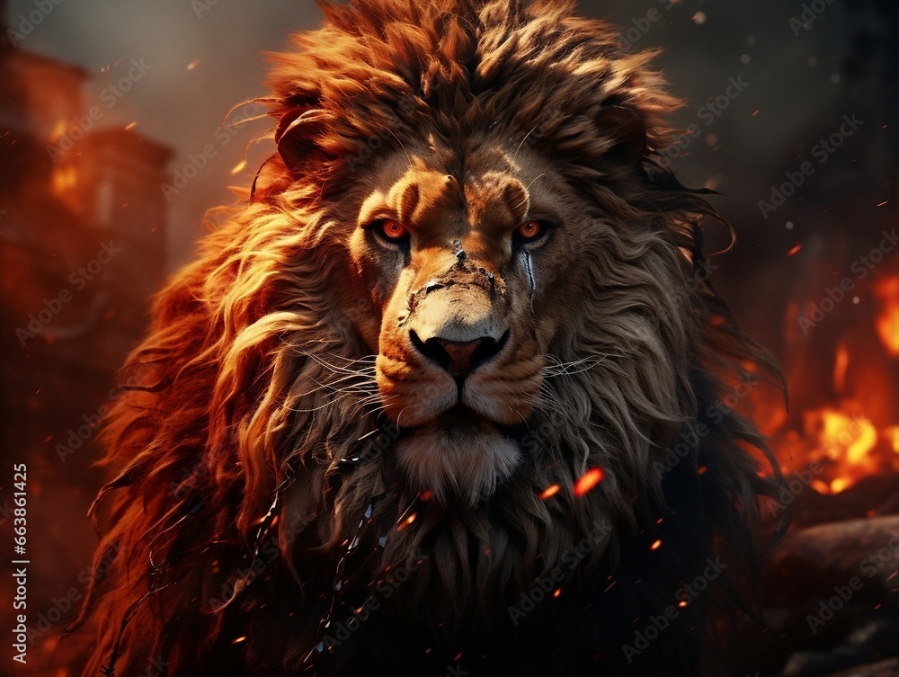 Naklejka premium Fire lion art on abstract background generative ai