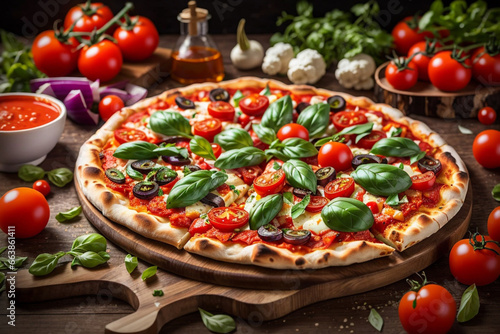 Vegetarian pizza tomato sauce and plenty of fresh vegetables