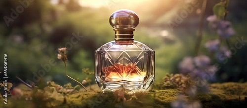 glass bottle of perfume on stone with natural background. focused sunset and sky in the background. Close-up low angle view. Concept of selective perfumery. photo