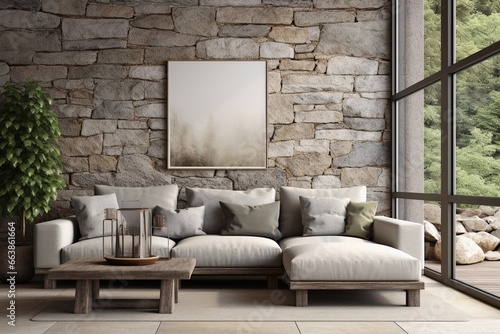 Corner sofa with large empty blank mock up frame against window in room with stone cladding walls, Farmhouse style