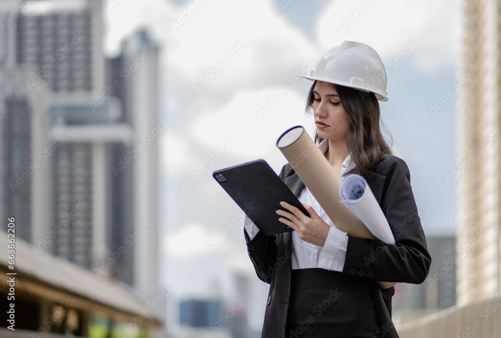 Engineer, architect woman working on housing real estate development project in urban. Female property development designer hold blueprint of residential apartment layout sketch for structure builder