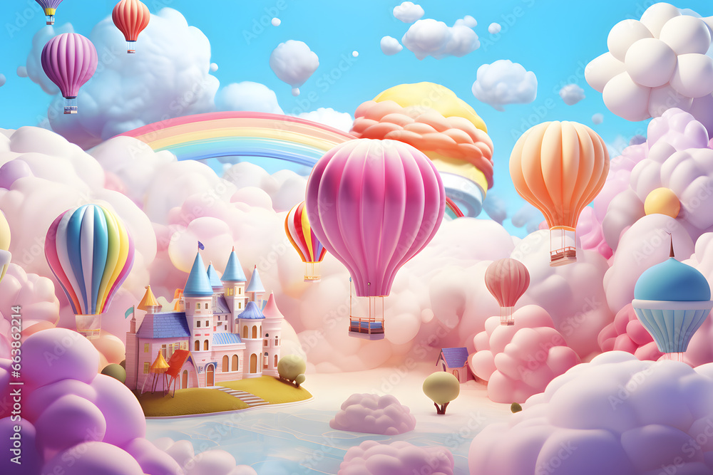 Colorful air balloons in sky, pink clouds, rainbow  3D background