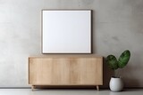 Wooden cabinet, dresser against concrete wall with empty blank mock up frame, Loft home interior