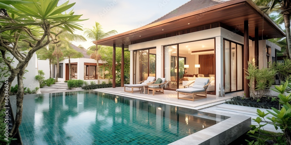 Open concept luxury villa with swimming pool and several other outdoor elements, minimalist, generative ai.