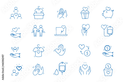 Charity hand, trust community, charity community, partnership, people solidarity concept  doodle icon icon set. Hand drawn doodle sketch style line. Vector illustration