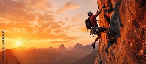Adventurous Extreme Sport of Rock Climbing Man Rappelling from a Cliff. Mountain Landscape Background with sunset light photo