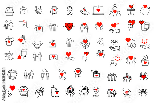 Charity hand, trust community, charity community, partnership, people solidarity concept  doodle icon icon set. Hand drawn doodle sketch style line. Vector illustration