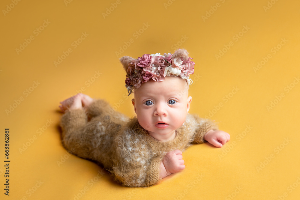 Fototapeta premium a small child with a surprised face lies on a yellow background. Photo session of newborn girls