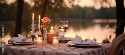 a romantic dinner place with candlelight on a natural background