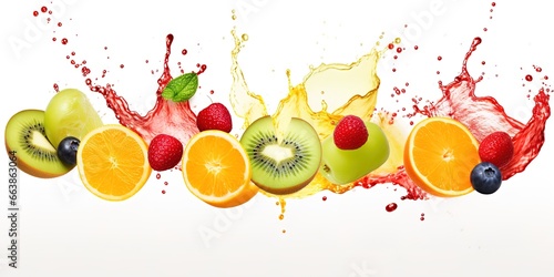 various fruits and water splashes on a white background, with bold colors, strong lines, and smooth, generative ai.