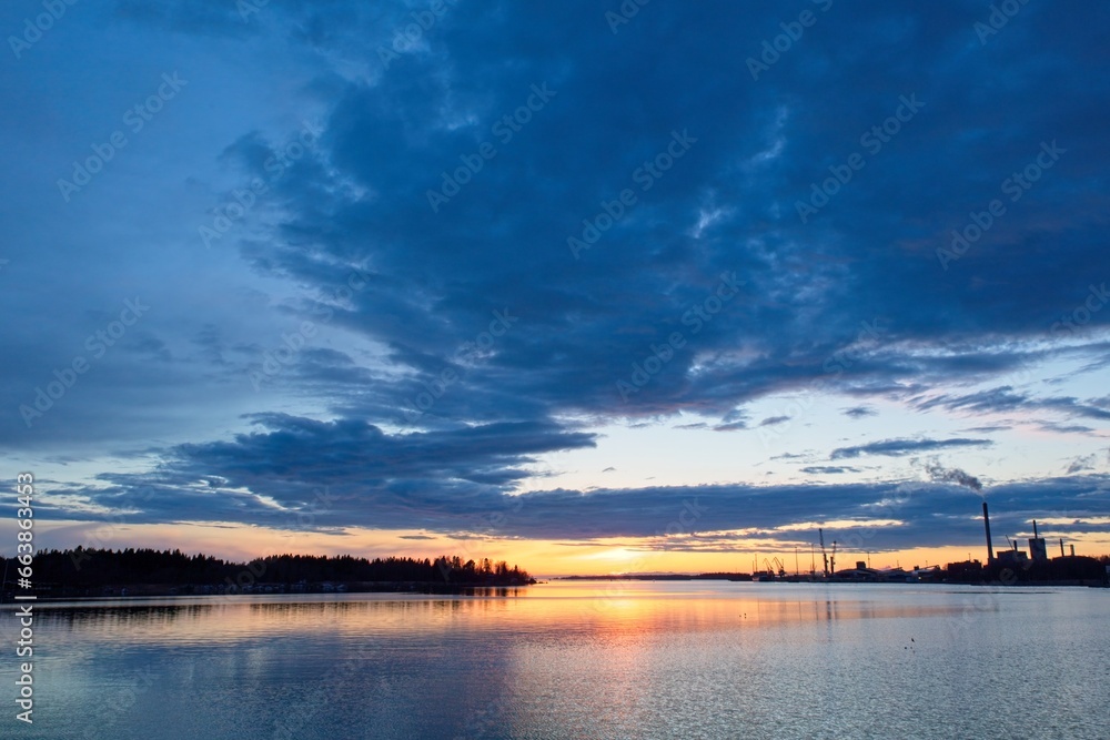 Cloudy sunset in spring, Vaasa, Finland.