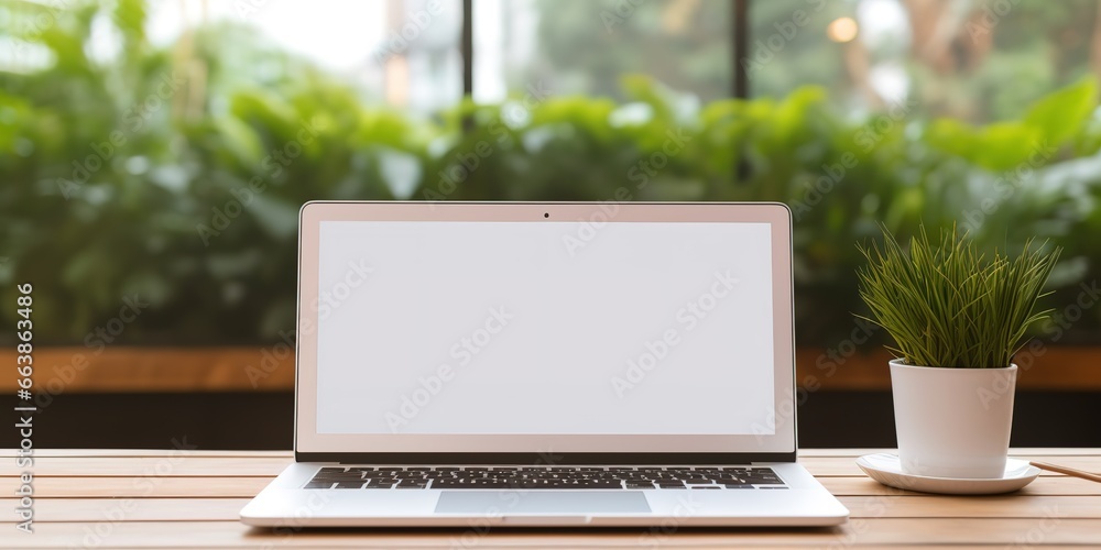 a laptop displays a blank screen on a table, with a minimalist background style, ai generative. a laptop displays a blank screen on a table, with a minimalist background style, ai generative.