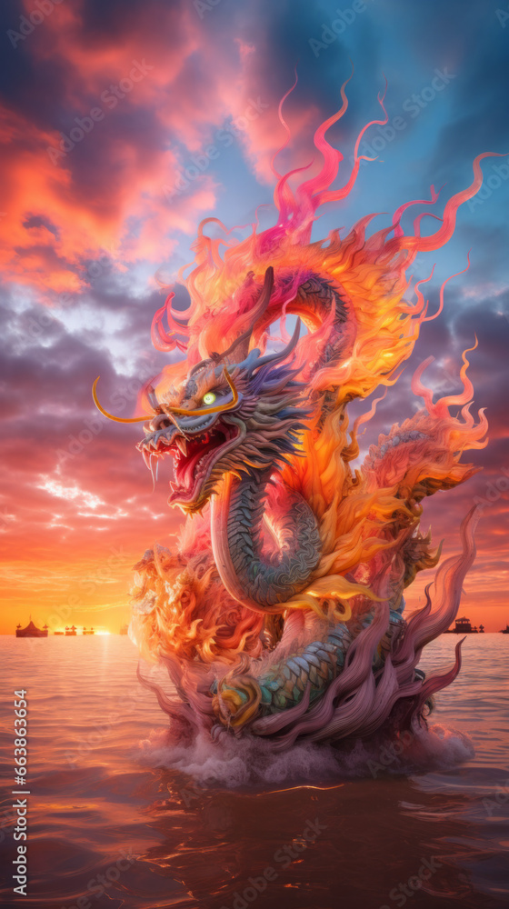 Majestic Chinese Dragon Emerging from the River Waters at Sunset