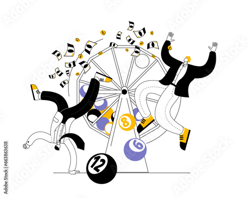 Spinning lottery drum with numbered balls. Cheerful characters are happy to win. Drawing of prizes. Vector illustration in flat style.