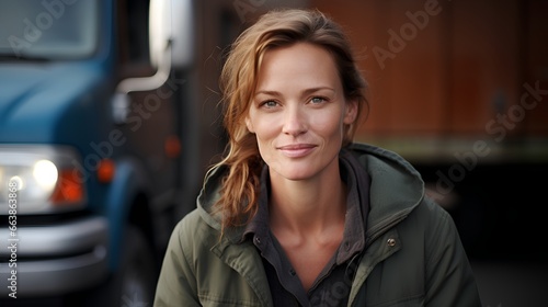 Female truck driver. Professional woman who drives cargo vehicles with skills to drive heavy delivery trucks. Woman empowerment and break gender stereotypes. photo