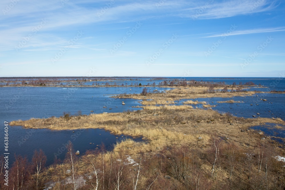 Landscape view of seashore on the island of Raippaluoto from observation tower in spring, Vaasa, Finland. Landscape view of seashore on the island of Raippaluoto from observation tower in spring, Vaasa, Finland.