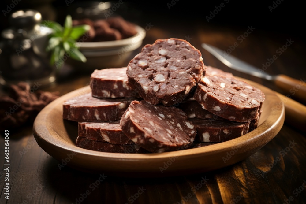 Chocolate salami plate on dark table. Cocoa slice party food biscuit. Generate Ai Chocolate salami plate on dark table. Cocoa slice party food biscuit. Generate Ai
