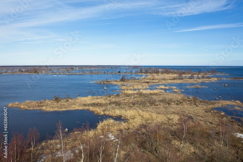 Landscape view of seashore on the island of Raippaluoto from observation tower in spring, Vaasa, Finland.