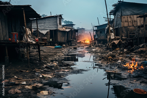 Dirty houses in a slum in Asia third world. Dirty and lots of garbage lying around. Pollution and poverty are everywhere. 