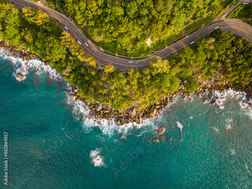 Billede på lærred Aerial view seashore with mountains at Phuket Thailand, Beautiful seacoast view