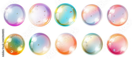 Set of realistic transparent colourful soap bubbles isolated on transparent background