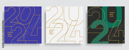 New Year 2024 composition of linear golden color numbers. Christmas card with holiday typography. Vector