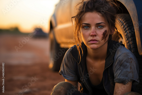 Exhausted woman next to her broken car in the desert. Waiting for help, dirty and thirsty. photo