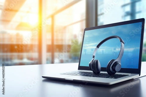 Laptop and headset in modern office