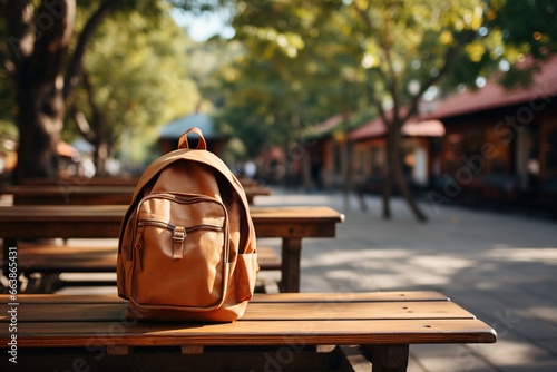 Brown backpack on the wooden table in the school park. Autumn background. photo