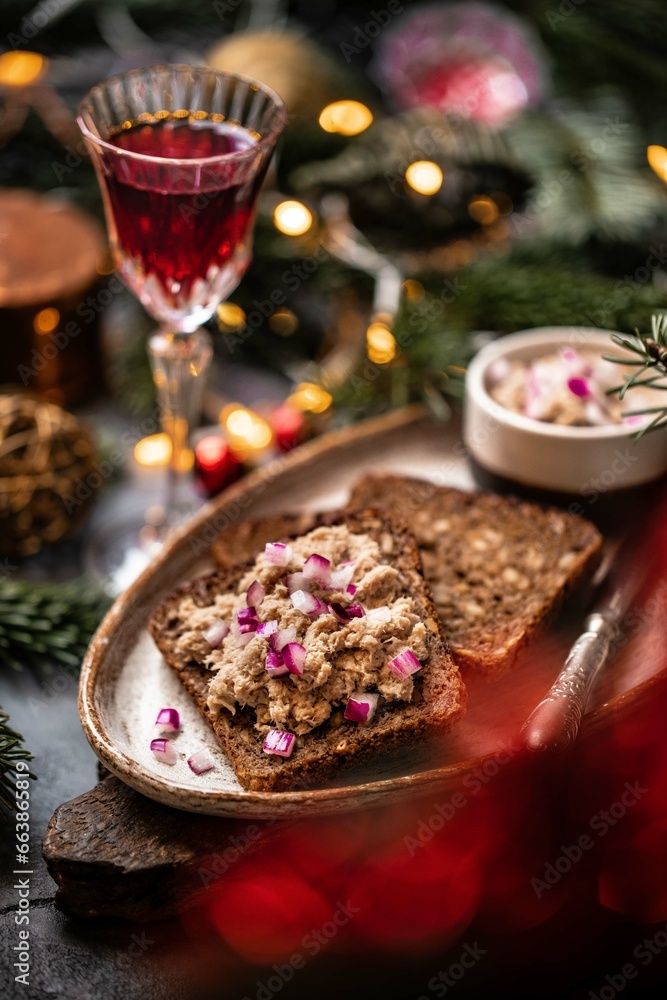 Christmas appetizer, riet, bruschetta with riet. New Year Christmas appetizer, riet, bruschetta with riet. New Year