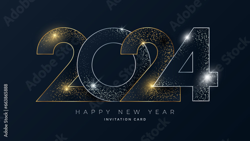 New Year 2024 gold and silver line numbers typography greeting card. Christmas invitation poster with golden glitter numeral.