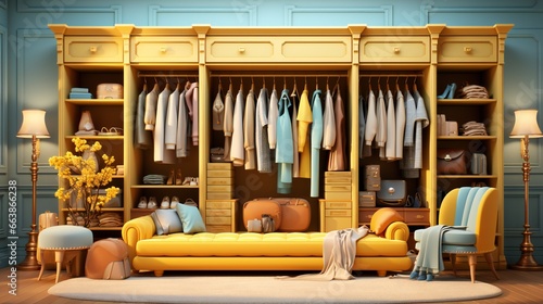 Style 3d wardrobe is full of colorful bags and coats, in the style of photo-realistic compositions, dark azure and yellow, charming vignettes, azure