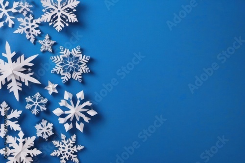 Merry Christmas and Happy New Year greeting card design with paper cut snowflakes with copy space. Seasonal holidays paper art banner. Generative AI