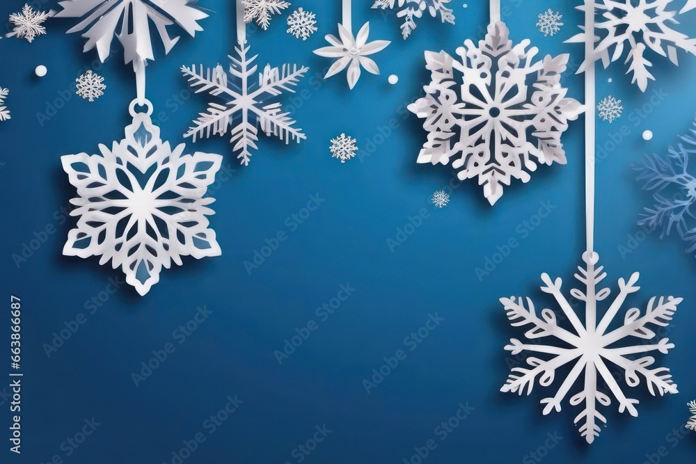 Merry Christmas and Happy New Year greeting card design with a paper cut snowflakes with copy space. Seasonal holidays paper art banner. Generative AI Merry Christmas and Happy New Year greeting card design with a paper cut snowflakes with copy space. Seasonal holidays paper art banner. Generative AI