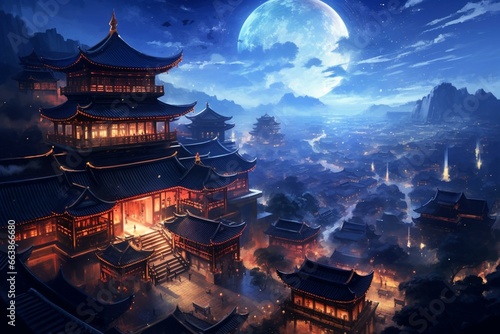 Traditional Chinese architecture illuminates ancient cities beneath a starry night sky. Generative AI © Ananya