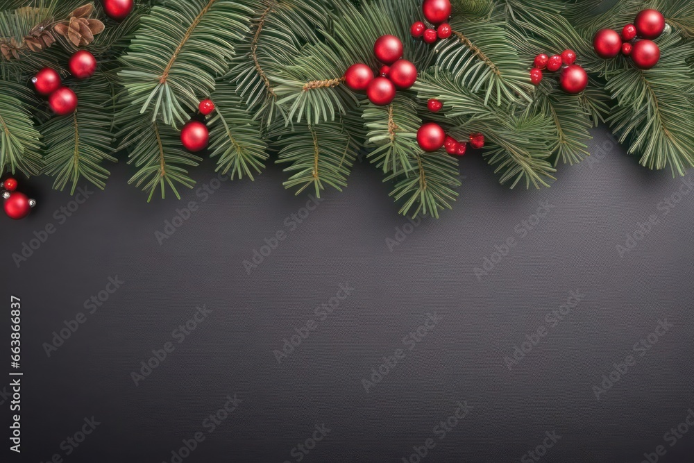 Merry Christmas and Happy New Year greeting card design with spruce branches and decorations with copy space. Seasonal holidays banner. Generative AI Merry Christmas and Happy New Year greeting card design with spruce branches and decorations with copy space. Seasonal holidays banner. Generative AI