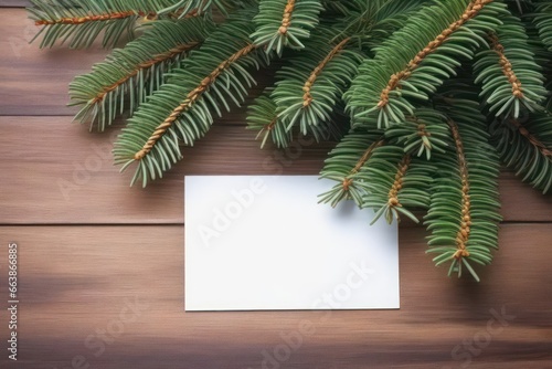 Merry Christmas and Happy New Year greeting card design with spruce branches and decorations with copy space. Seasonal holidays banner. Generative AI