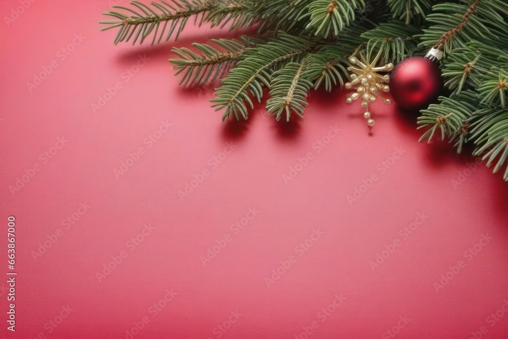 Merry Christmas and Happy New Year greeting card design with spruce branches and decorations with copy space. Seasonal holidays banner. Generative AI