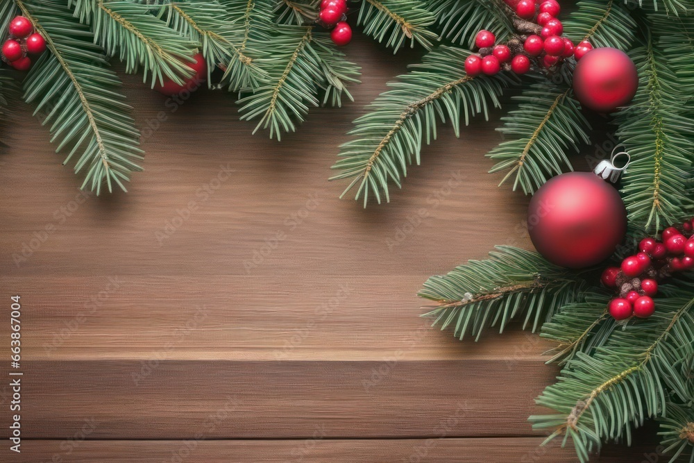 Merry Christmas and Happy New Year greeting card design with spruce branches and decorations with copy space. Seasonal holidays banner. Generative AI Merry Christmas and Happy New Year greeting card design with spruce branches and decorations with copy space. Seasonal holidays banner. Generative AI