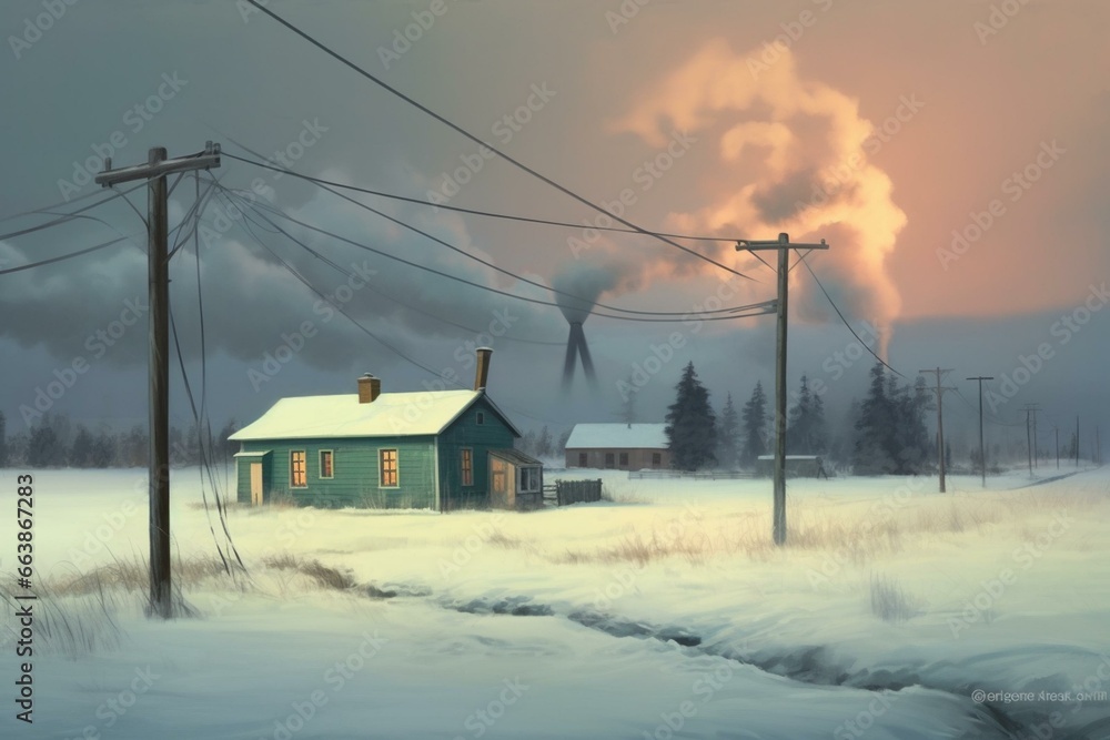 A smoke-filled house in snowy field with distant power lines and a green bin in the foreground. Generative AI