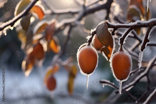 A frozen landscape with selective focus on fruits and leaves hanging from a tree. Generative AI