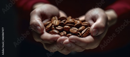 hands cupped holding black coffee beans, worker holding coffee beans in his hands checks the quality of coffee after it has been roasted in a coffee machine
