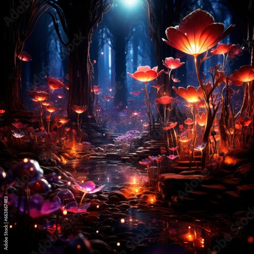 Surrender to the spellbinding beauty of a forest illuminated by glowing mushrooms and vivid blooms