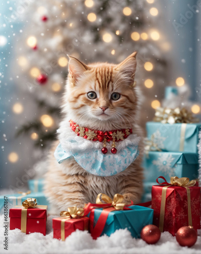Cute kitten on a New Year's backgrounds with gifts, background for calendars, postcards, posters, greetings