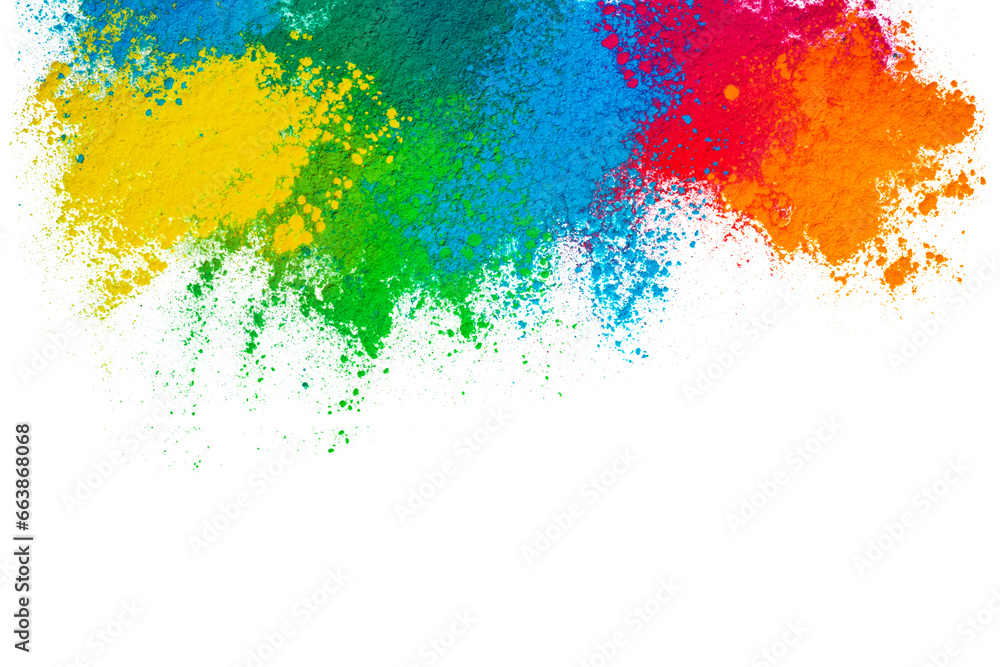 Header top illustrated by multicolor holi paint abstract splashes on white background